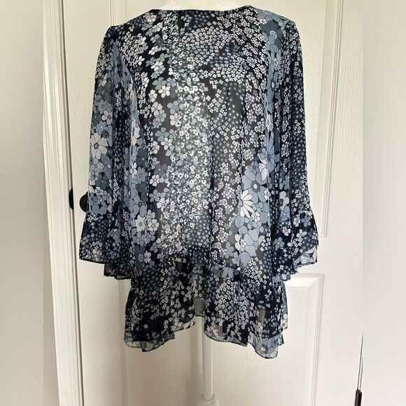 Michael Kors Women’s Blue Floral Sheer Blouse with Bell Sleeve Size Medium - Picture 1 of 11